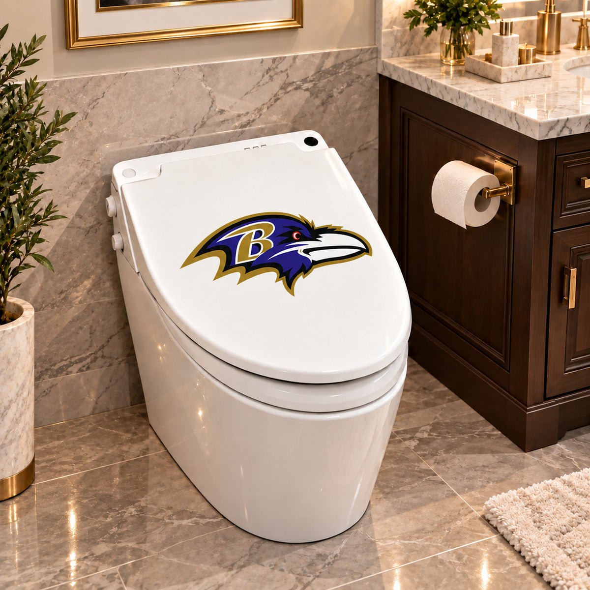 Baltimore Ravens decorative sticker on a closed white toilet lid in a marble bathroom