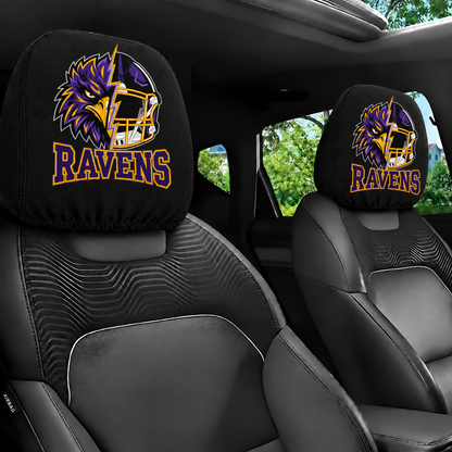 Baltimore Ravens car headrest cover, Style 2 illustrated mascot design, installed in car