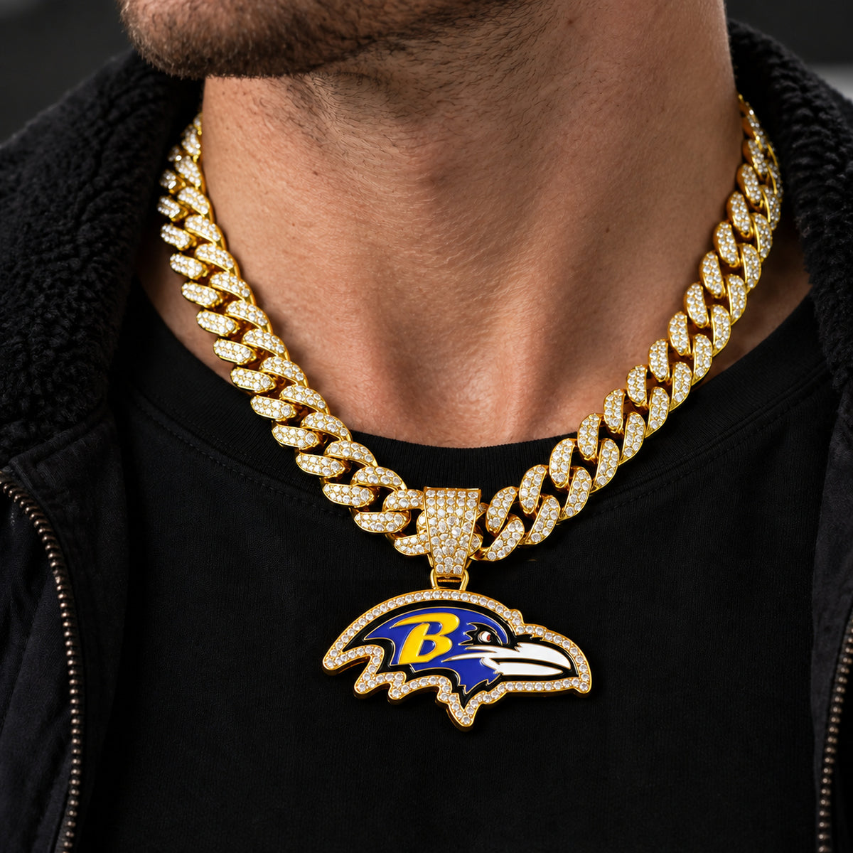 Baltimore Ravens gold-tone rhinestone Cuban-link necklace, worn view