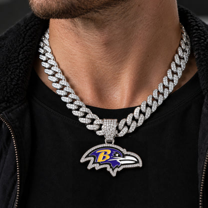 Baltimore Ravens silver-tone rhinestone Cuban-link necklace, worn view