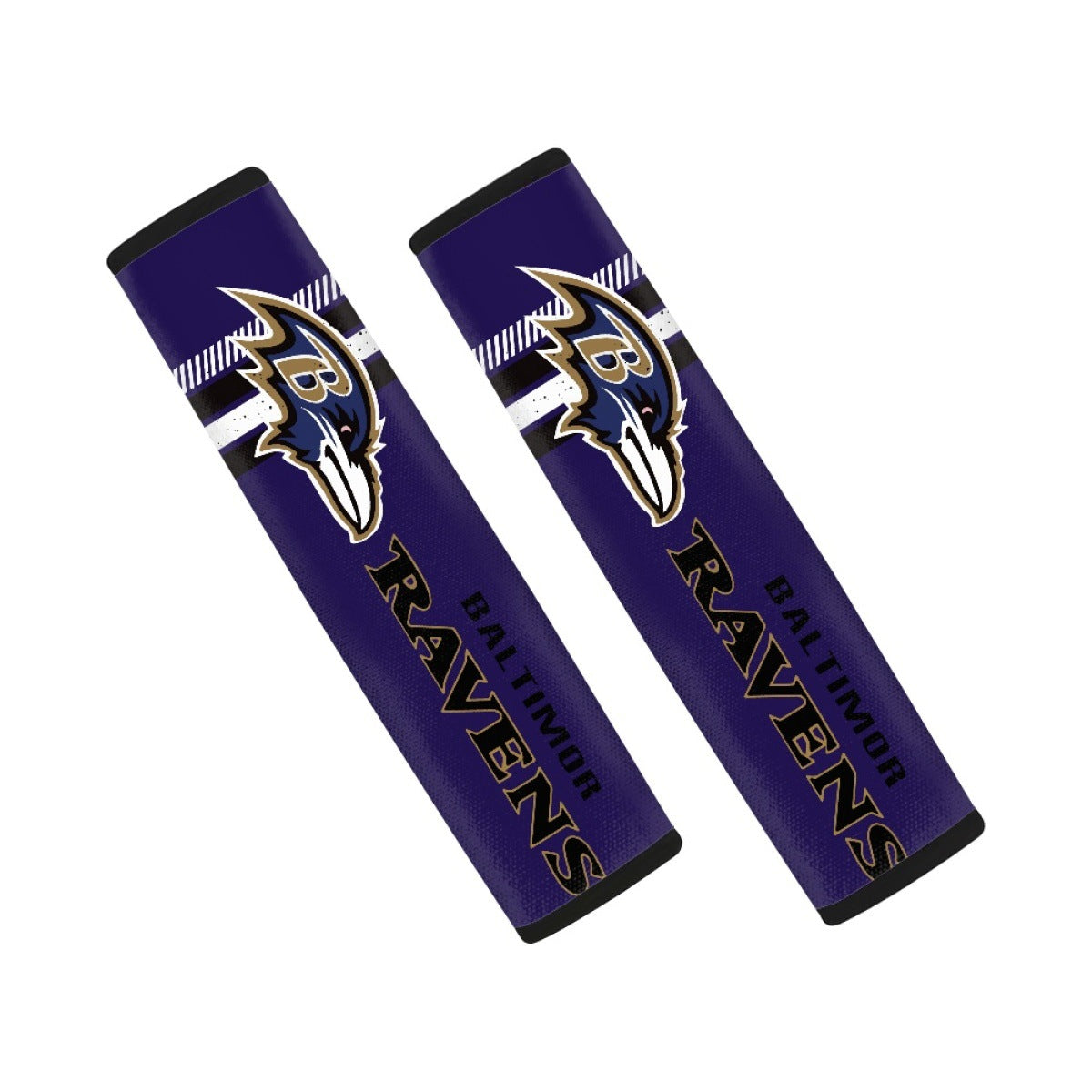 Pair of Baltimore Ravens seat belt and backpack shoulder strap covers on a white background