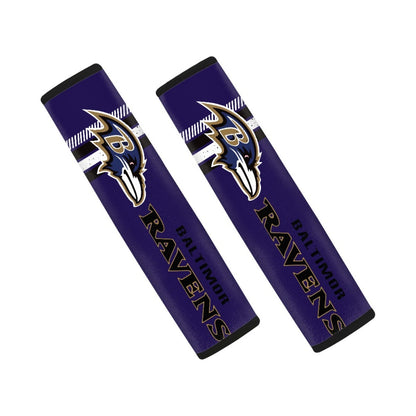 Pair of Baltimore Ravens seat belt and backpack shoulder strap covers on a white background