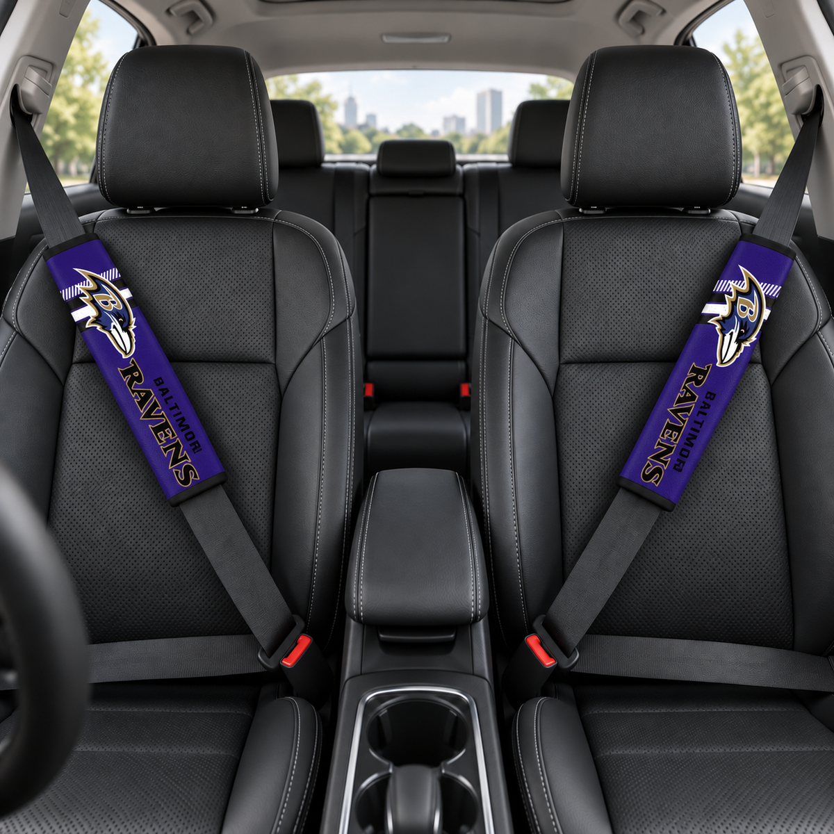 Baltimore Ravens car seat belt covers shown on two front seat belts