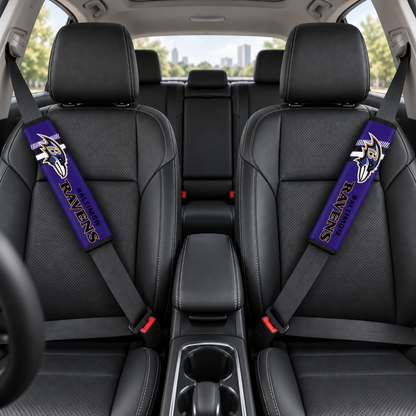 Baltimore Ravens car seat belt covers shown on two front seat belts