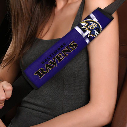 Close-up of Baltimore Ravens shoulder strap cover worn on a car seat belt
