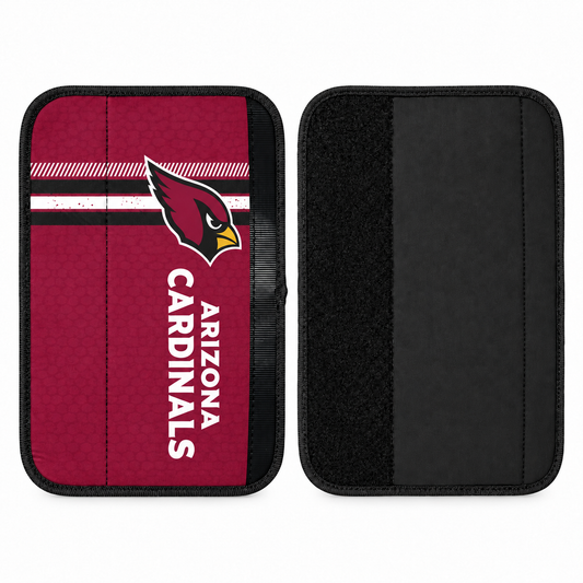 Arizona Cardinals seat belt covers shown flat, front and back