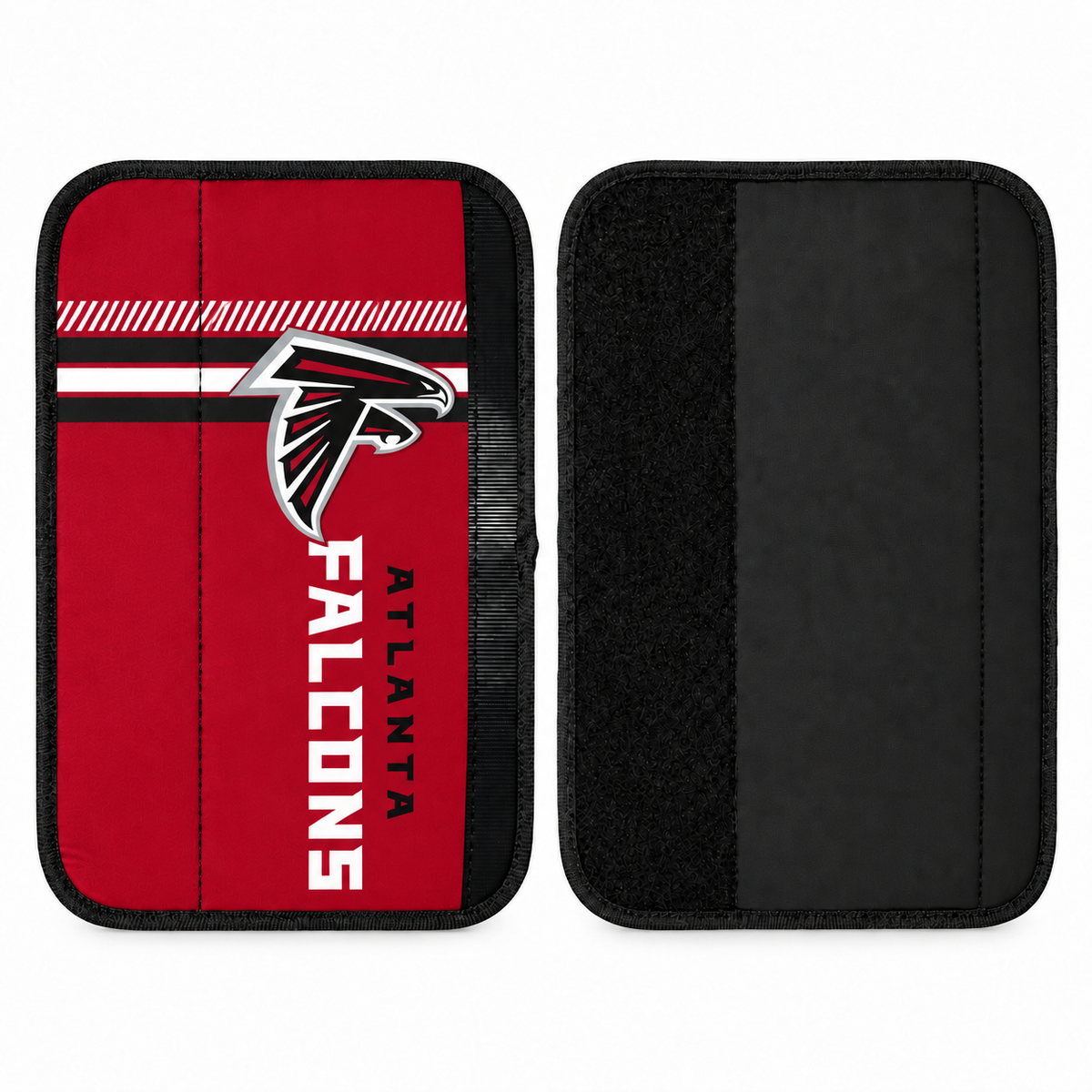 Atlanta Falcons seat belt covers shown flat, front and back