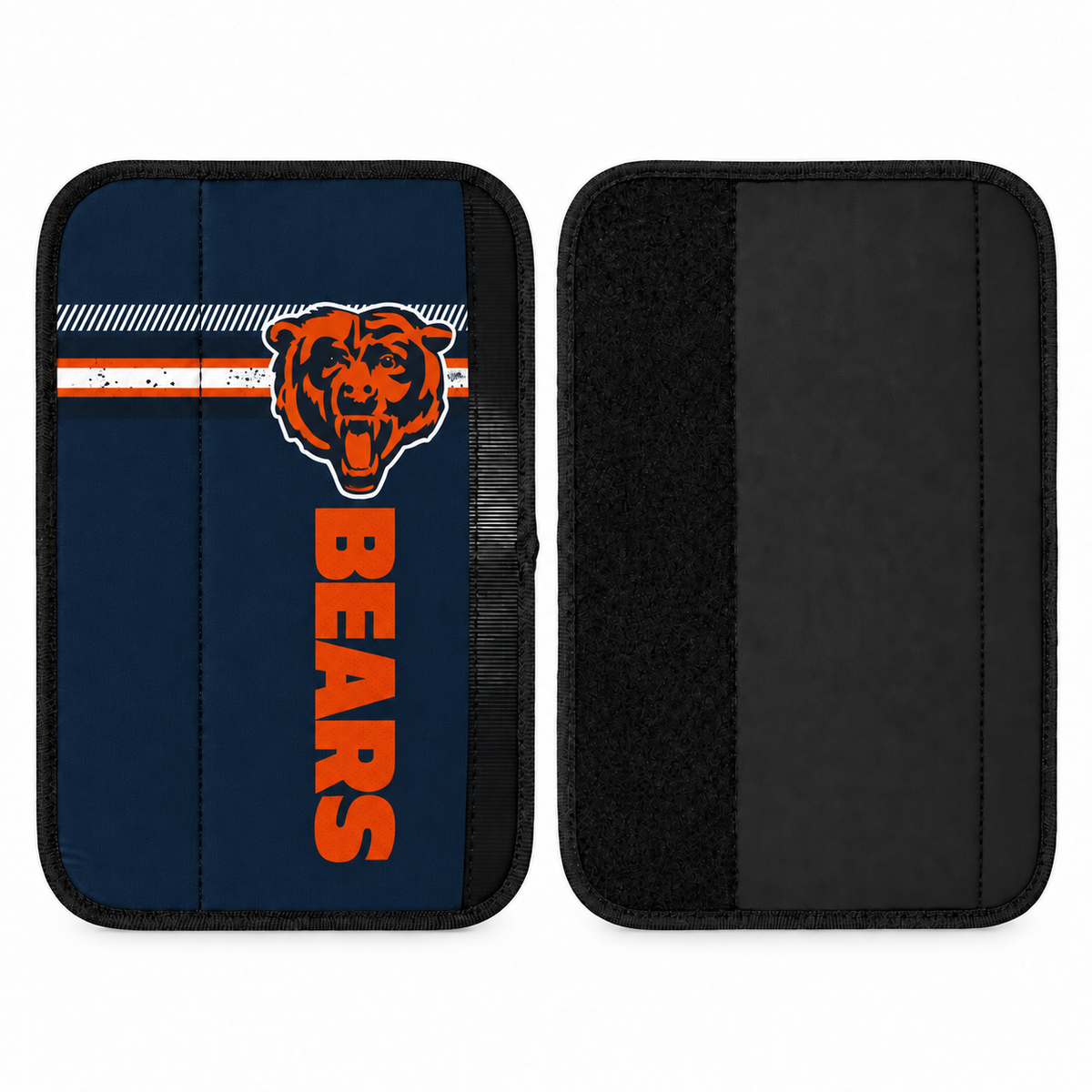 Chicago Bears seat belt covers shown flat, front and back