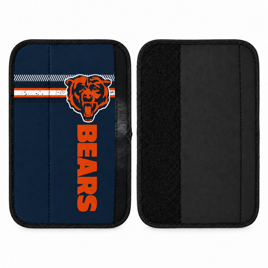 Chicago Bears seat belt covers shown flat, front and back
