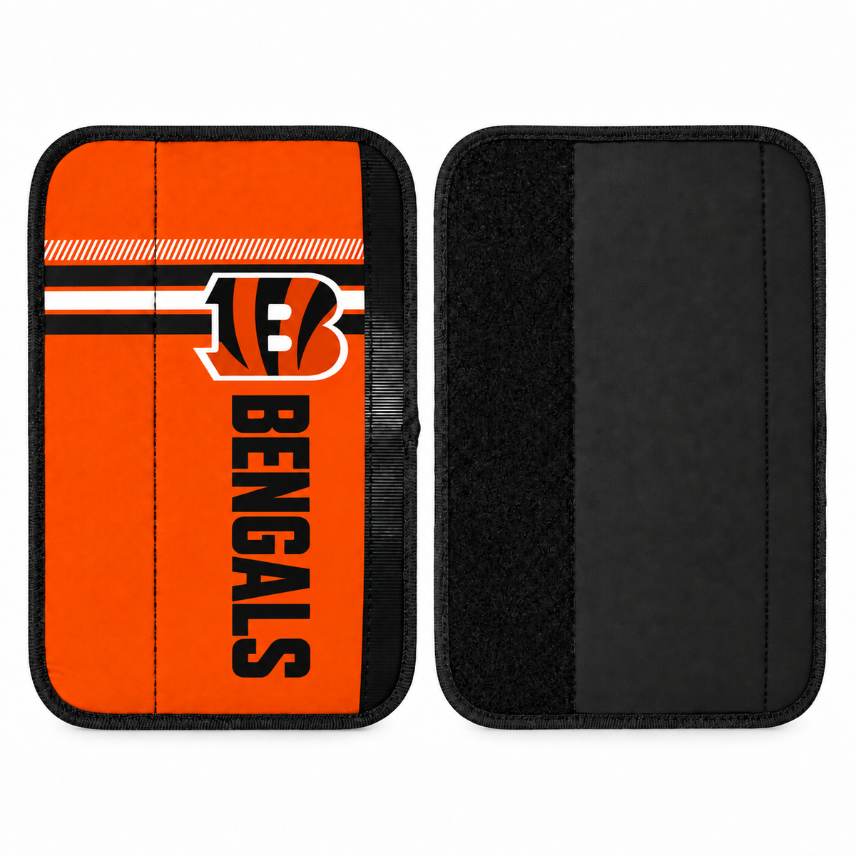 Cincinnati Bengals seat belt covers shown flat, front and back