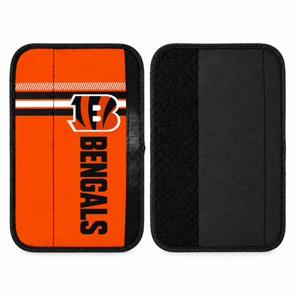 Cincinnati Bengals seat belt covers shown flat, front and back