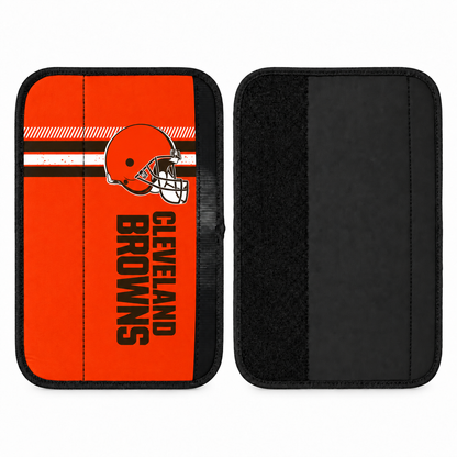 Cleveland Browns seat belt covers shown flat, front and back