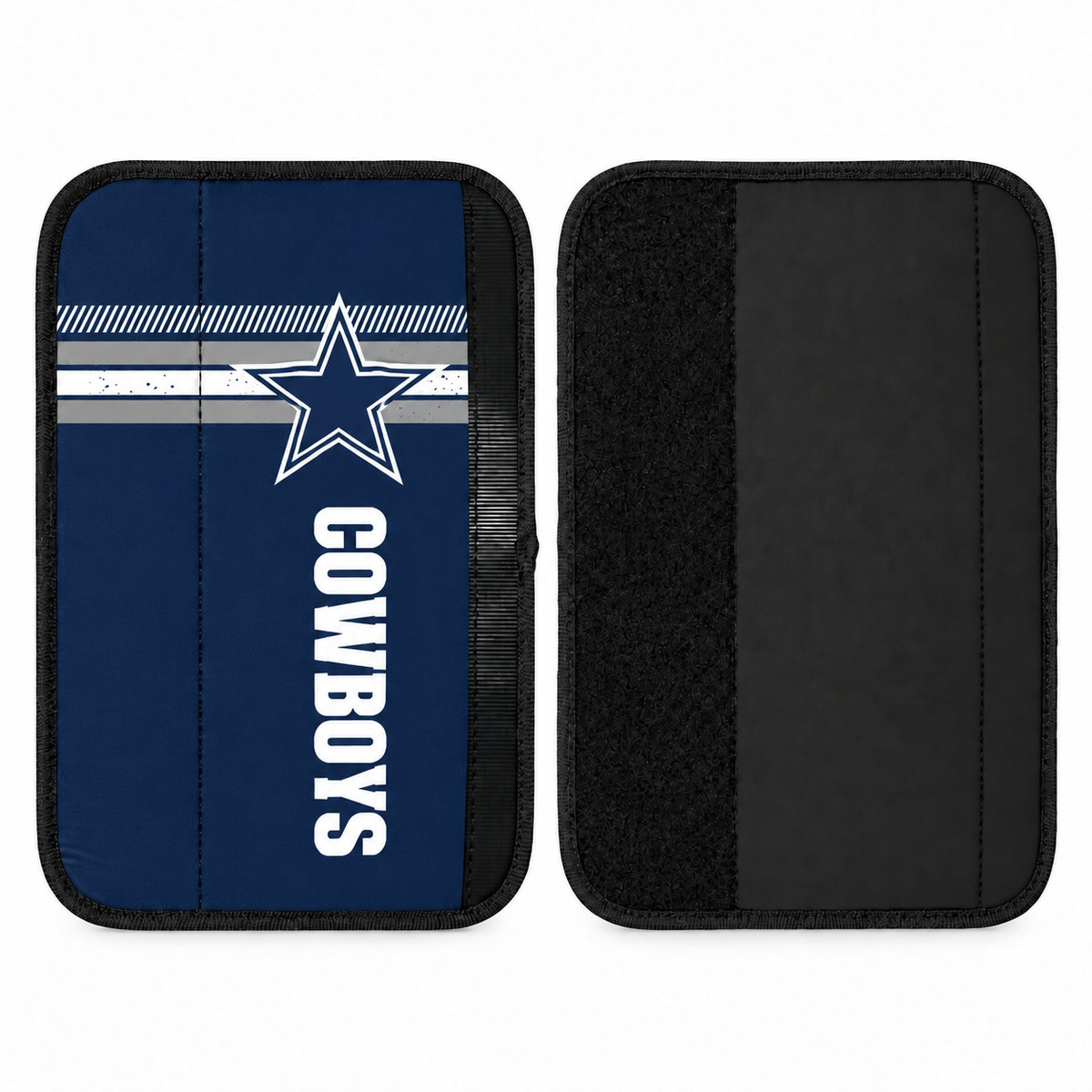 Dallas Cowboys seat belt covers shown flat, front and back