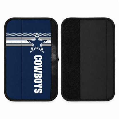Dallas Cowboys seat belt covers shown flat, front and back