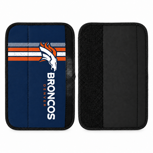 Denver Broncos seat belt covers shown flat, front and back