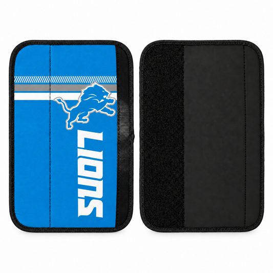 Detroit Lions seat belt covers shown flat, front and back