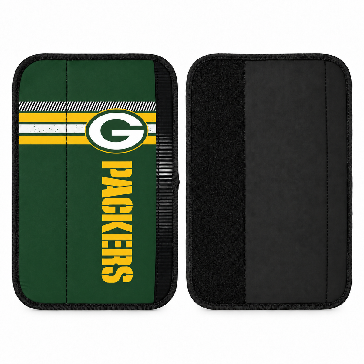 Green Bay Packers seat belt covers shown flat, front and back