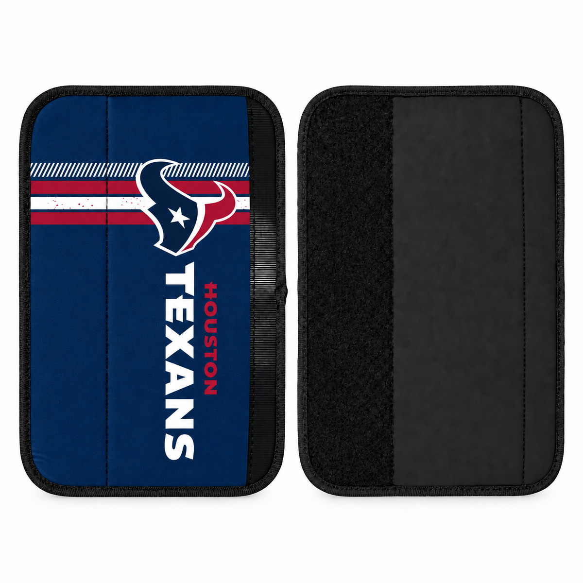 Houston Texans seat belt covers shown flat, front and back