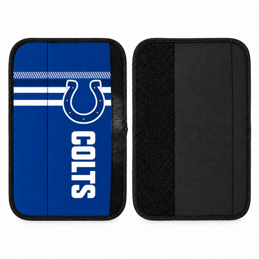 Indianapolis Colts seat belt covers shown flat, front and back