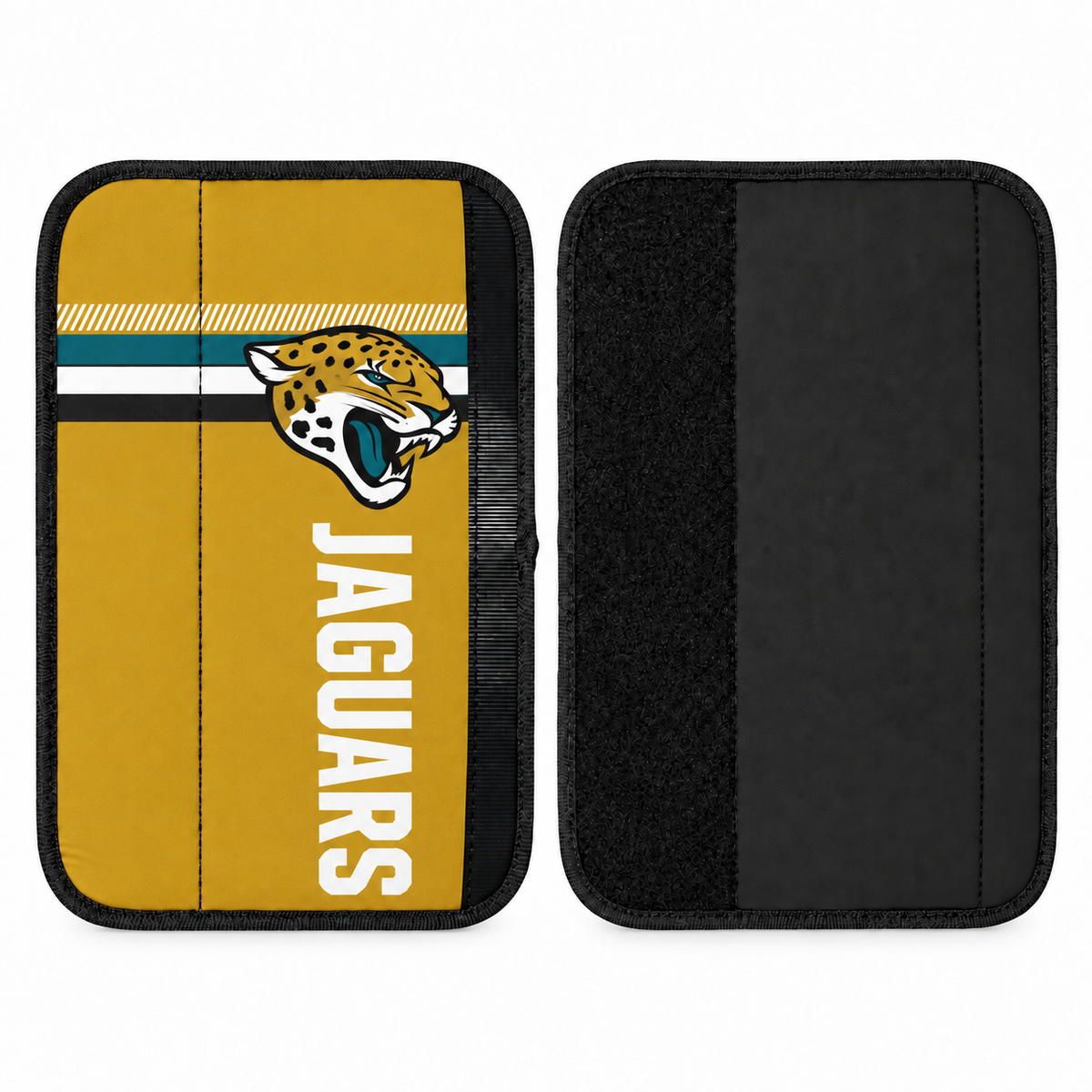 Jacksonville Jaguars seat belt covers shown flat, front and back