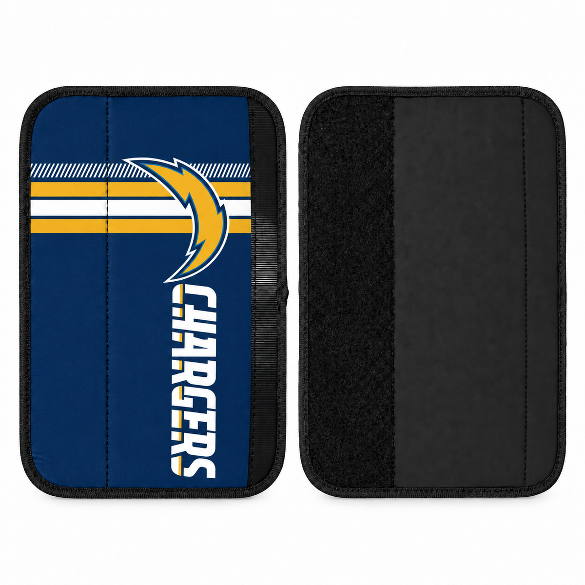 Los Angeles Chargers seat belt covers shown flat, front and back