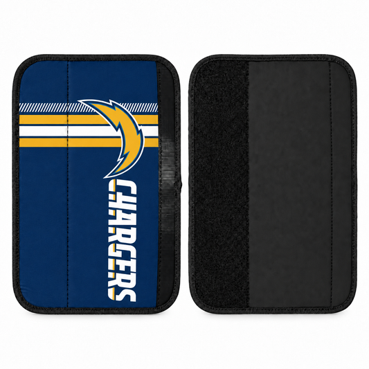 Los Angeles Chargers seat belt covers shown flat, front and back