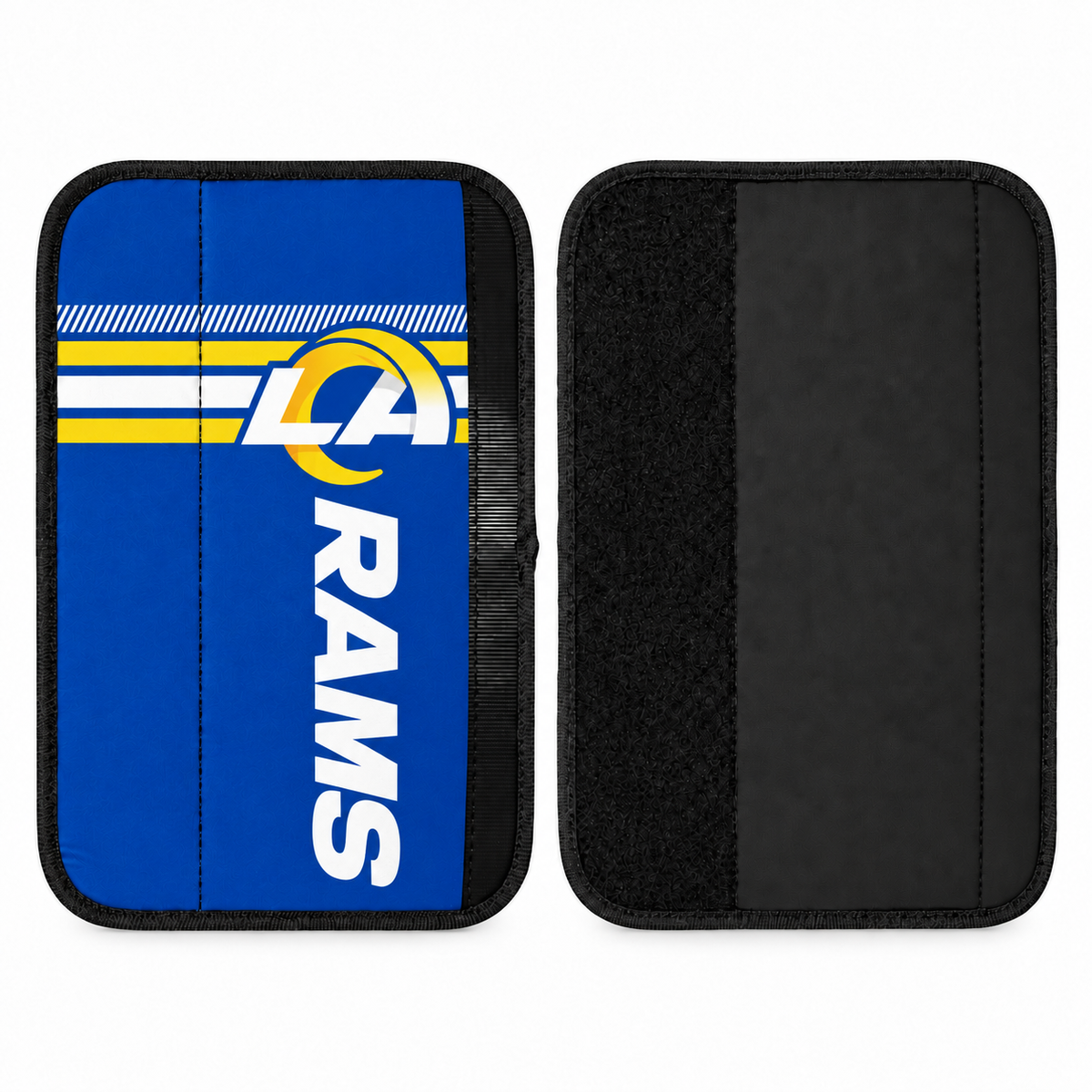 Los Angeles Rams seat belt covers shown flat, front and back