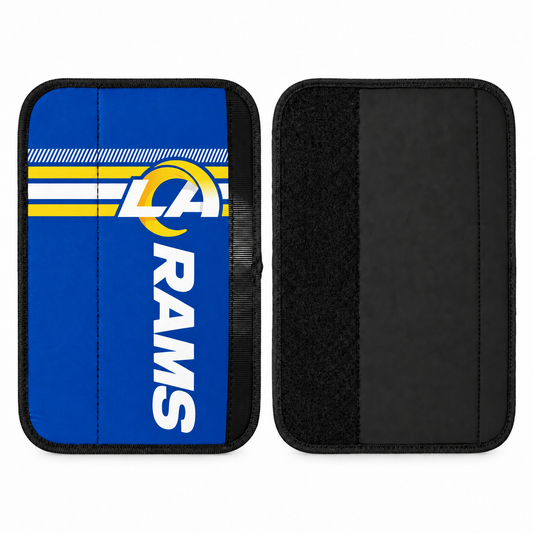 Los Angeles Rams seat belt covers shown flat, front and back