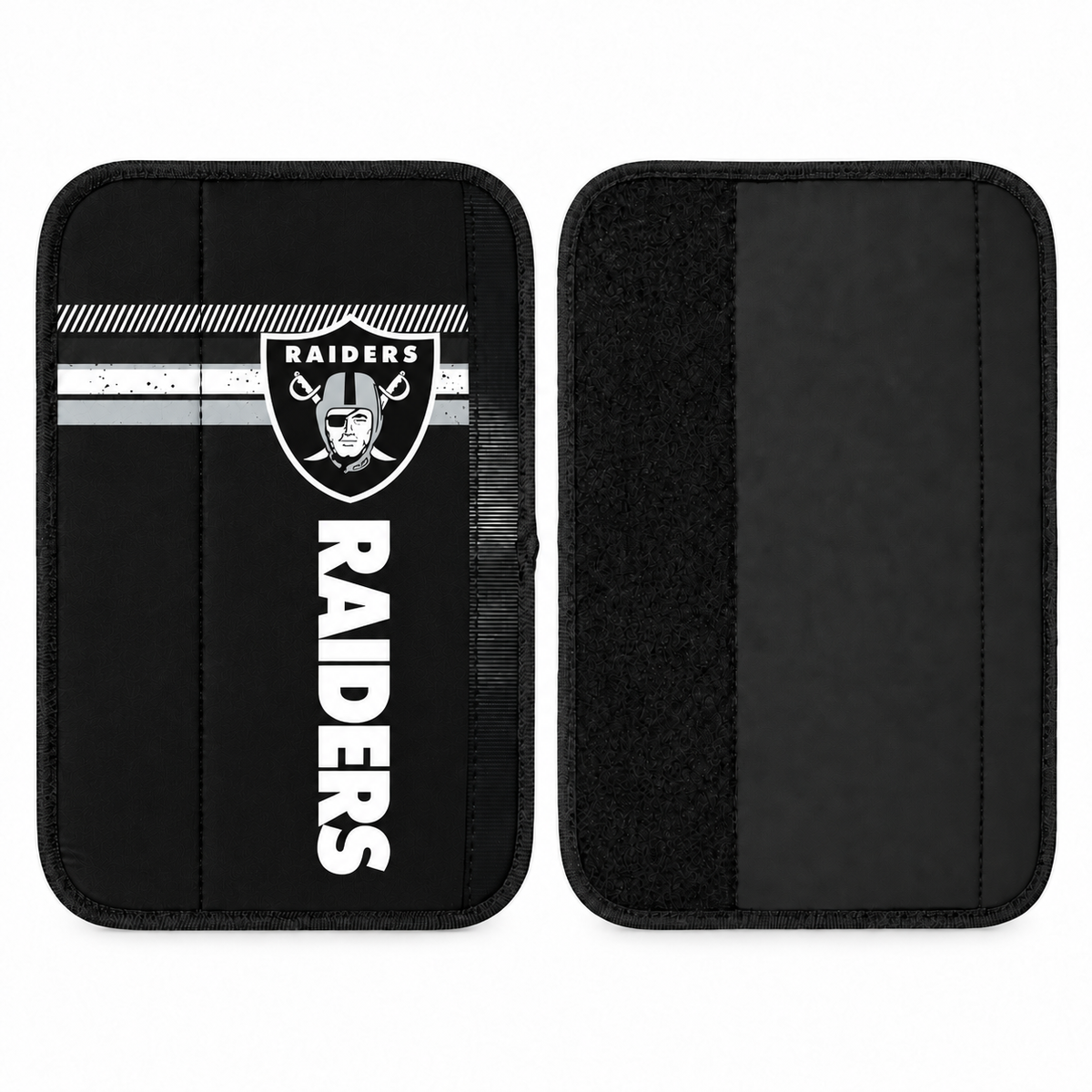 Las Vegas Raiders seat belt covers shown flat, front and back