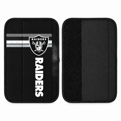 Las Vegas Raiders seat belt covers shown flat, front and back