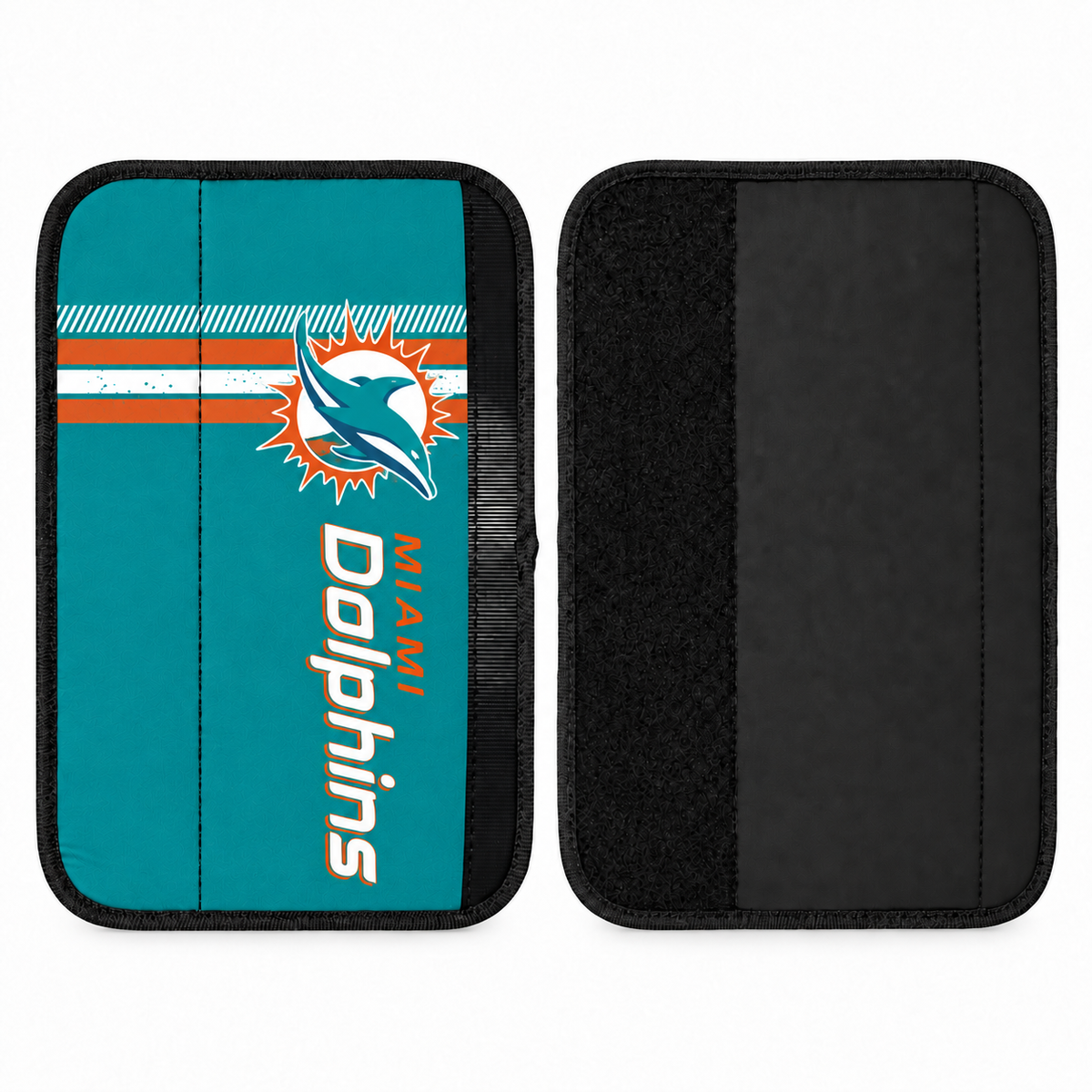 Miami Dolphins seat belt covers shown flat, front and back
