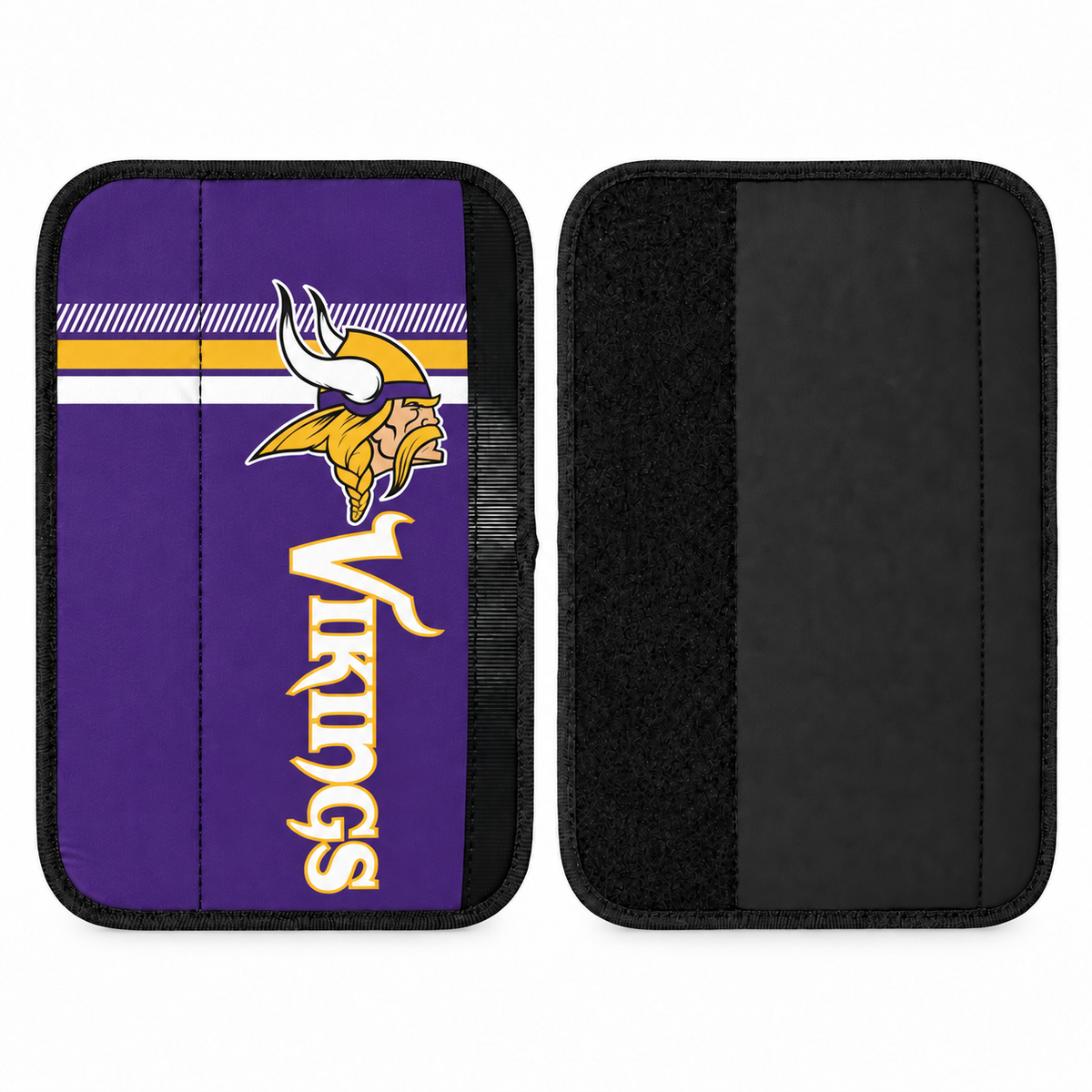 Minnesota Vikings seat belt covers shown flat, front and back