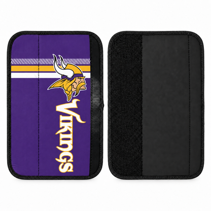 Minnesota Vikings seat belt covers shown flat, front and back