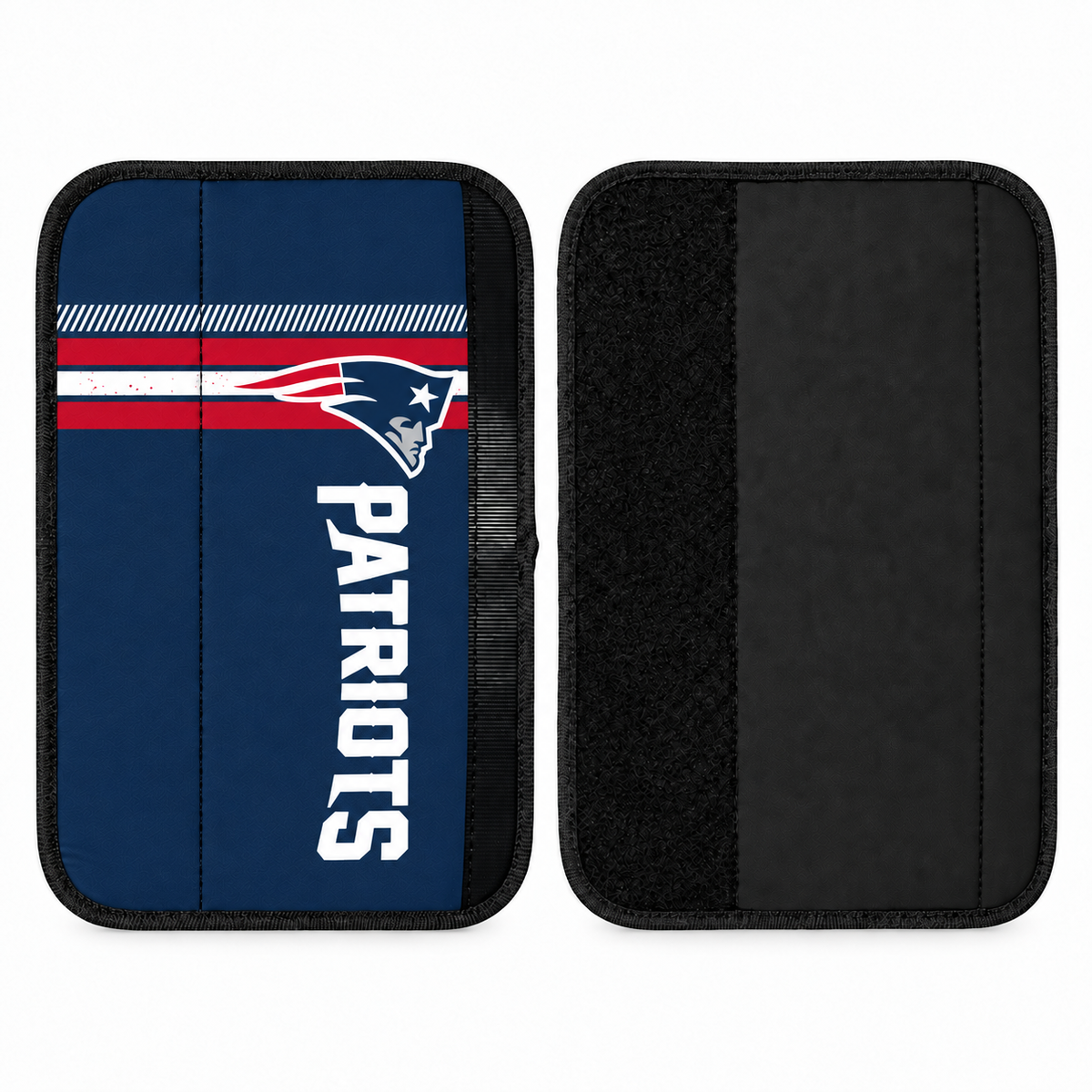 New England Patriots seat belt covers shown flat, front and back