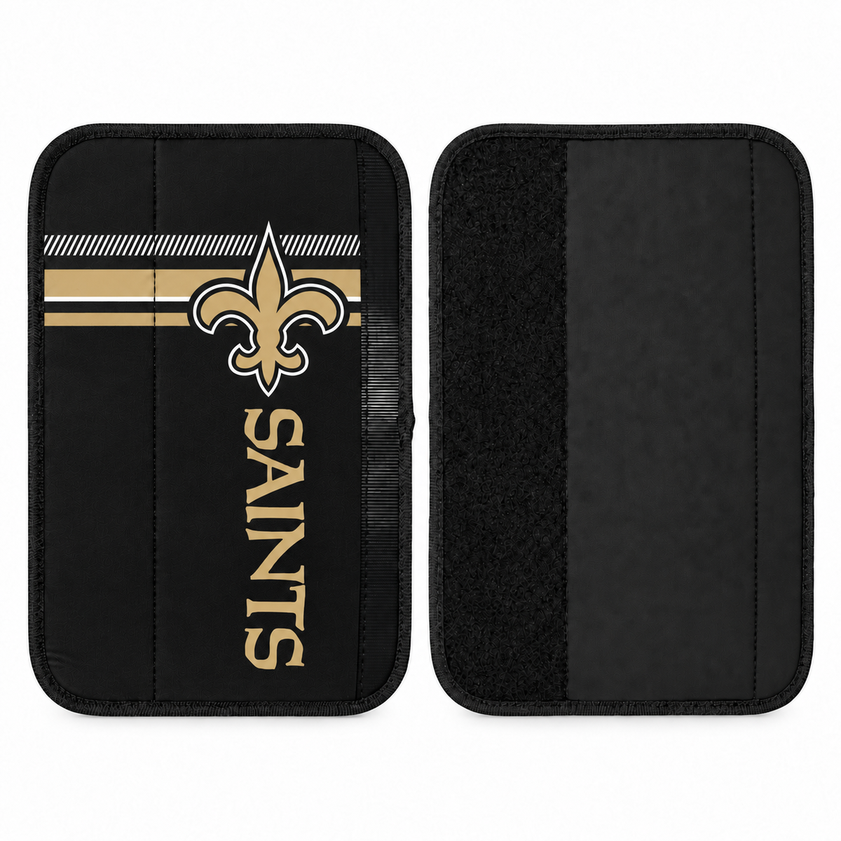 New Orleans Saints seat belt covers shown flat, front and back