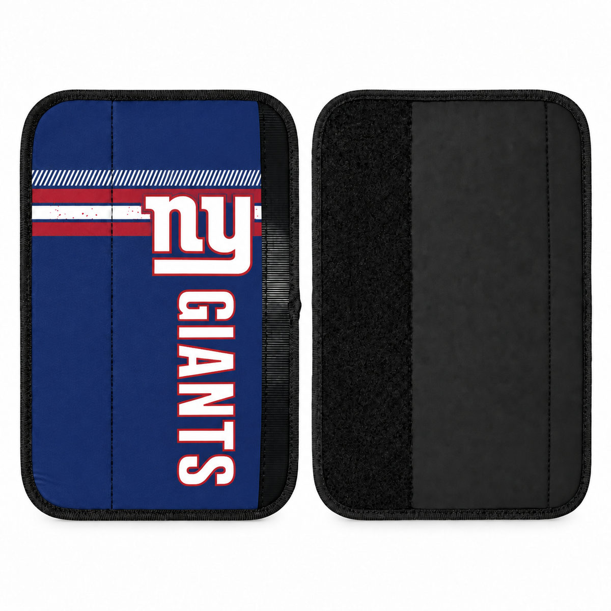 New York Giants seat belt covers shown flat, front and back