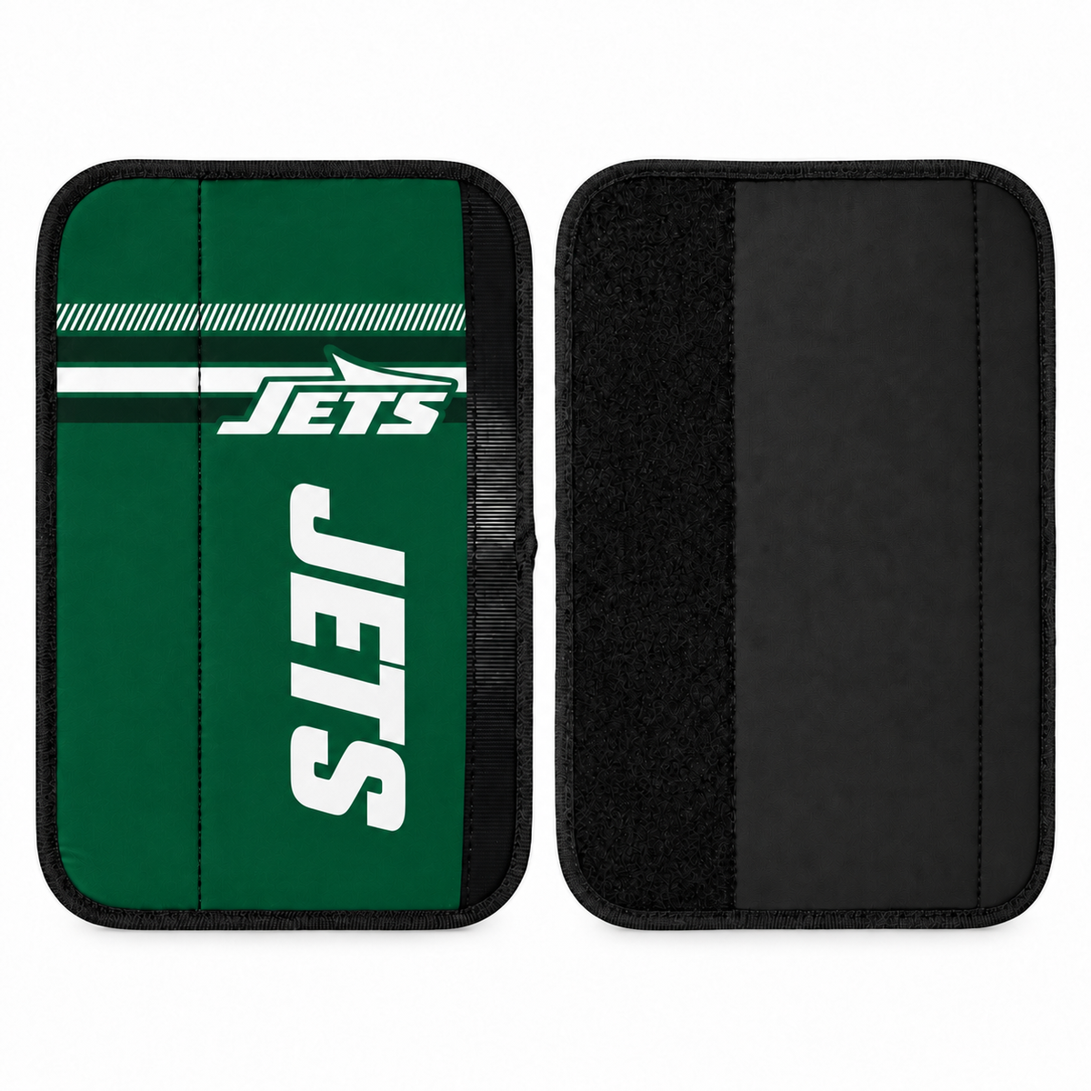New York Jets seat belt covers shown flat, front and back