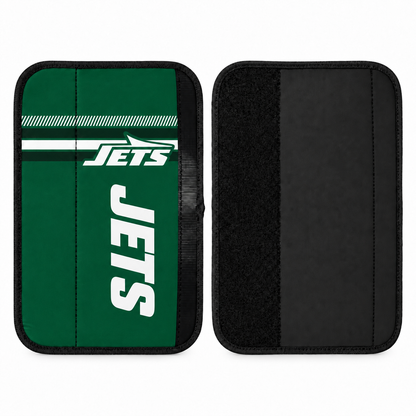 New York Jets seat belt covers shown flat, front and back