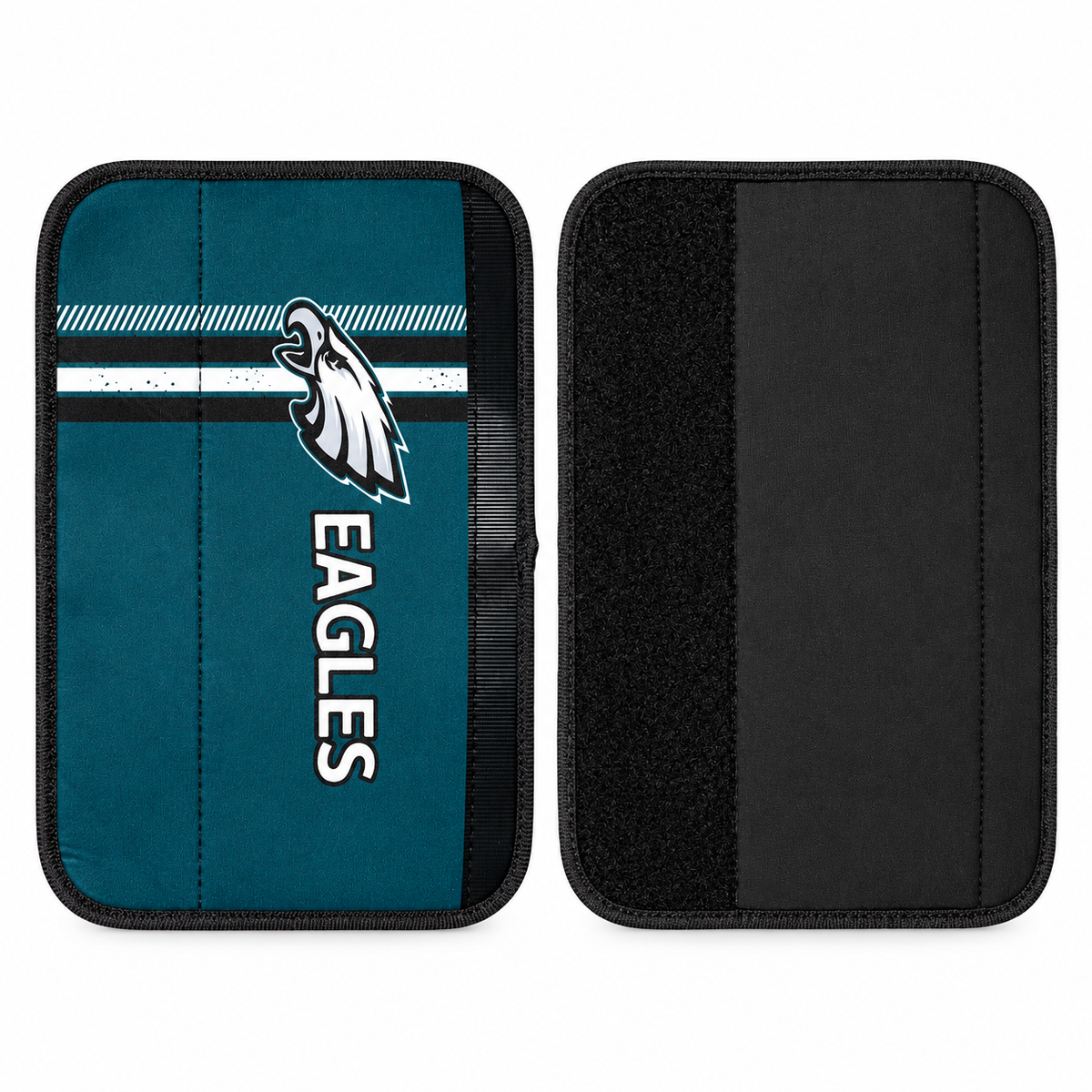 Philadelphia Eagles seat belt covers shown flat, front and back