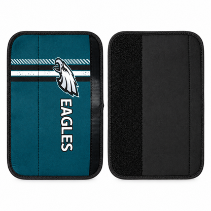 Philadelphia Eagles seat belt covers shown flat, front and back