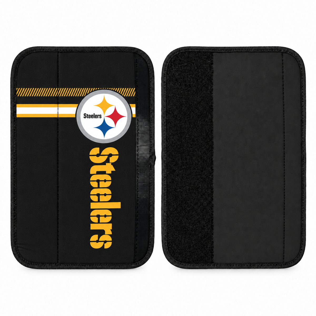 Pittsburgh Steelers seat belt covers shown flat, front and back