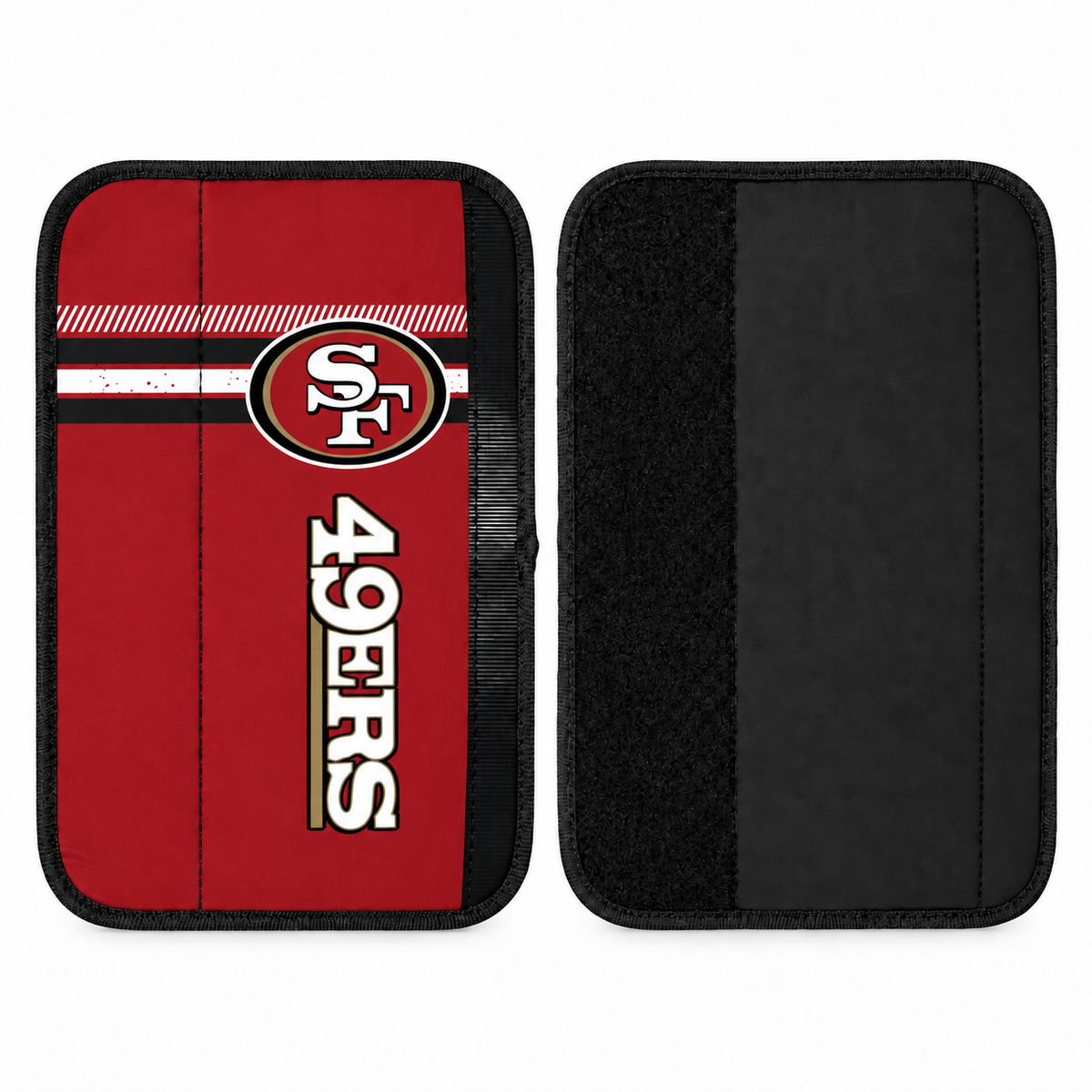 San Francisco 49ers seat belt covers shown flat, front and back