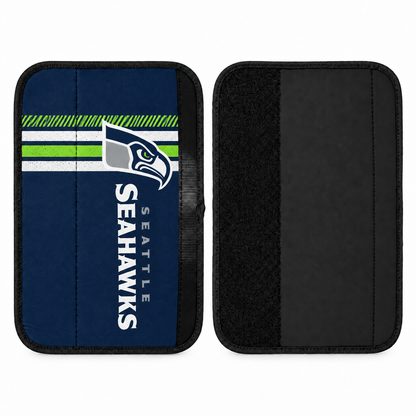 Seattle Seahawks seat belt covers shown flat, front and back