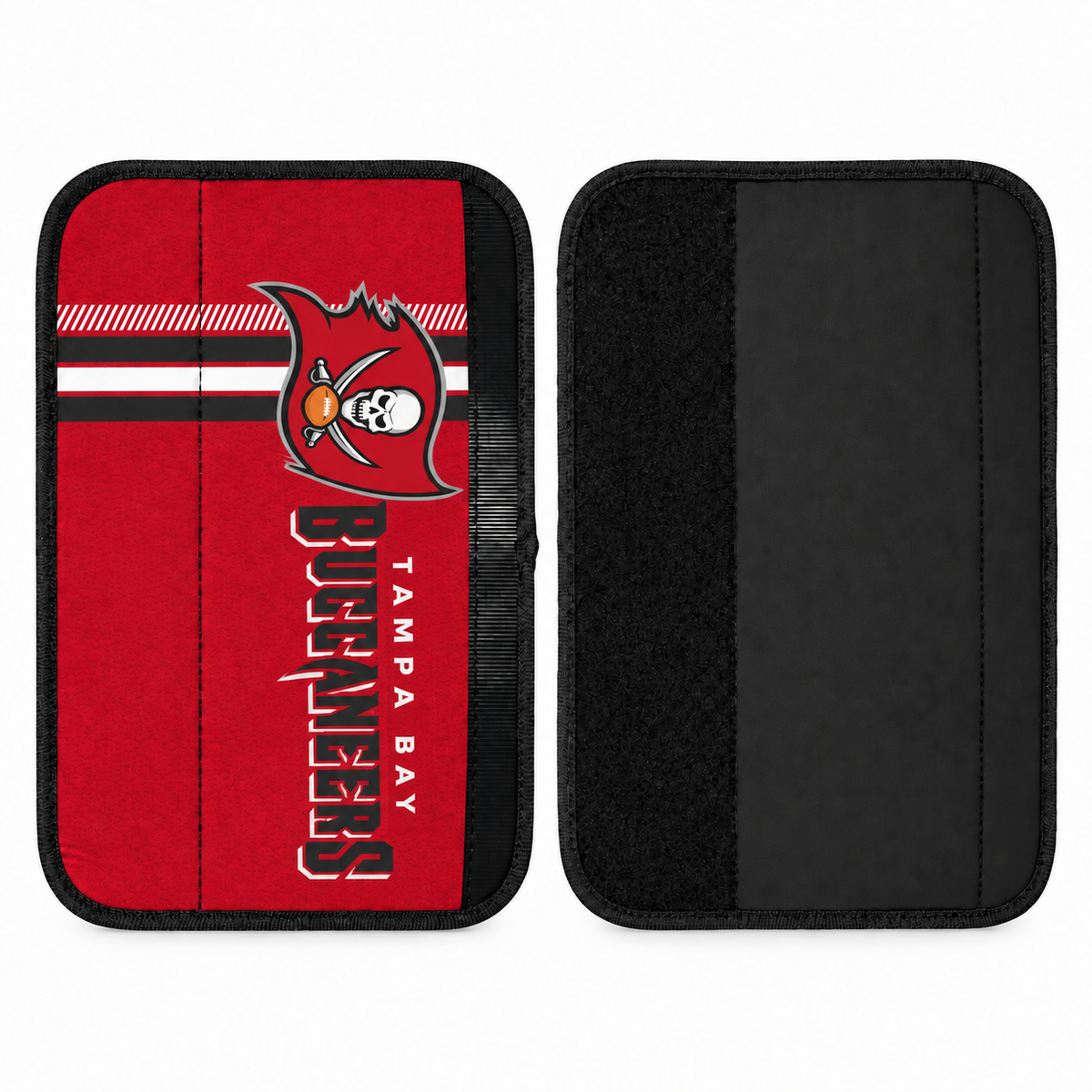Tampa Bay Buccaneers seat belt covers shown flat, front and back