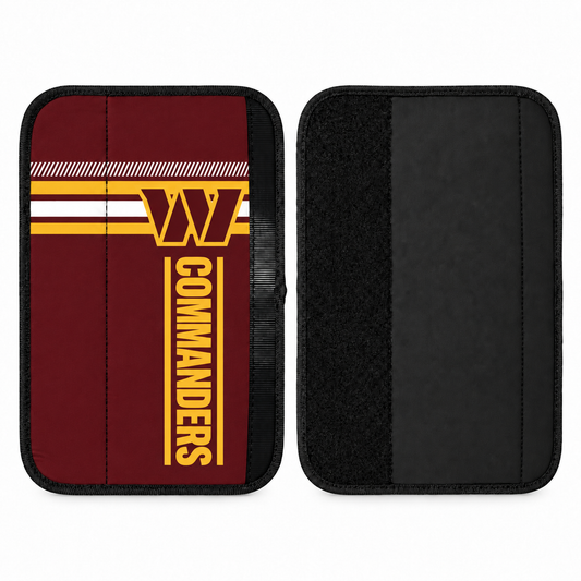 Washington Commanders seat belt covers shown flat, front and back
