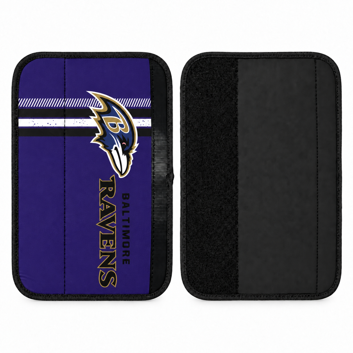 Baltimore Ravens seat belt covers shown flat, front and back