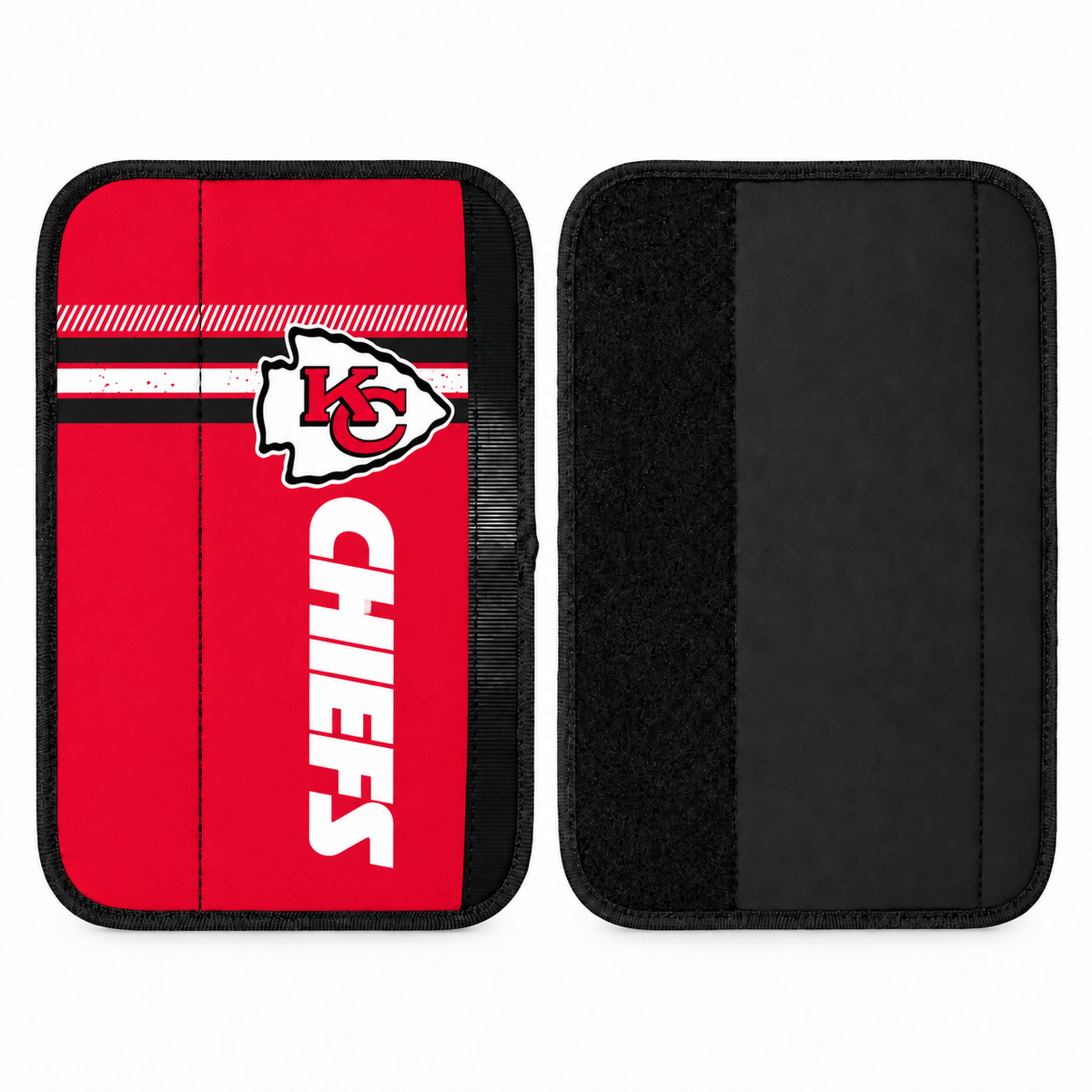 Kansas City Chiefs seat belt covers shown flat, front and back