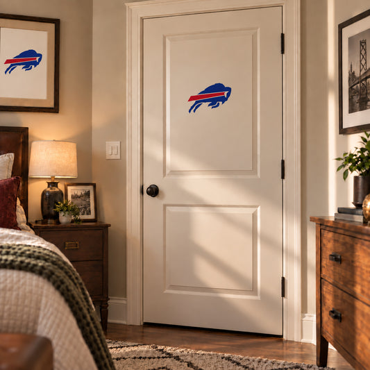 Buffalo Bills decorative sticker on an interior door, corrected 29 cm proportion