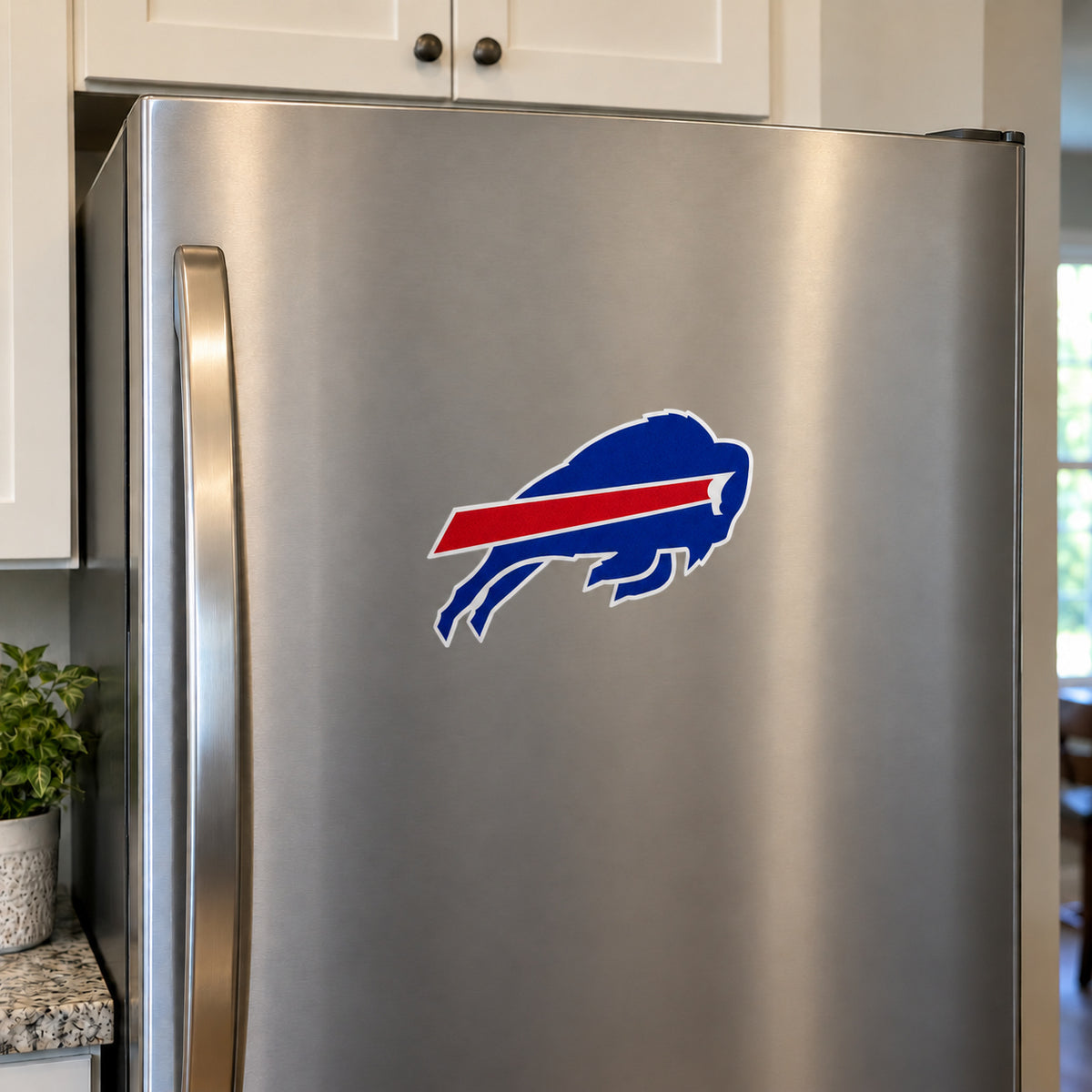 Buffalo Bills decorative sticker displayed on a stainless-steel refrigerator
