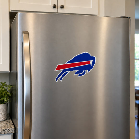 Buffalo Bills decorative sticker displayed on a stainless-steel refrigerator